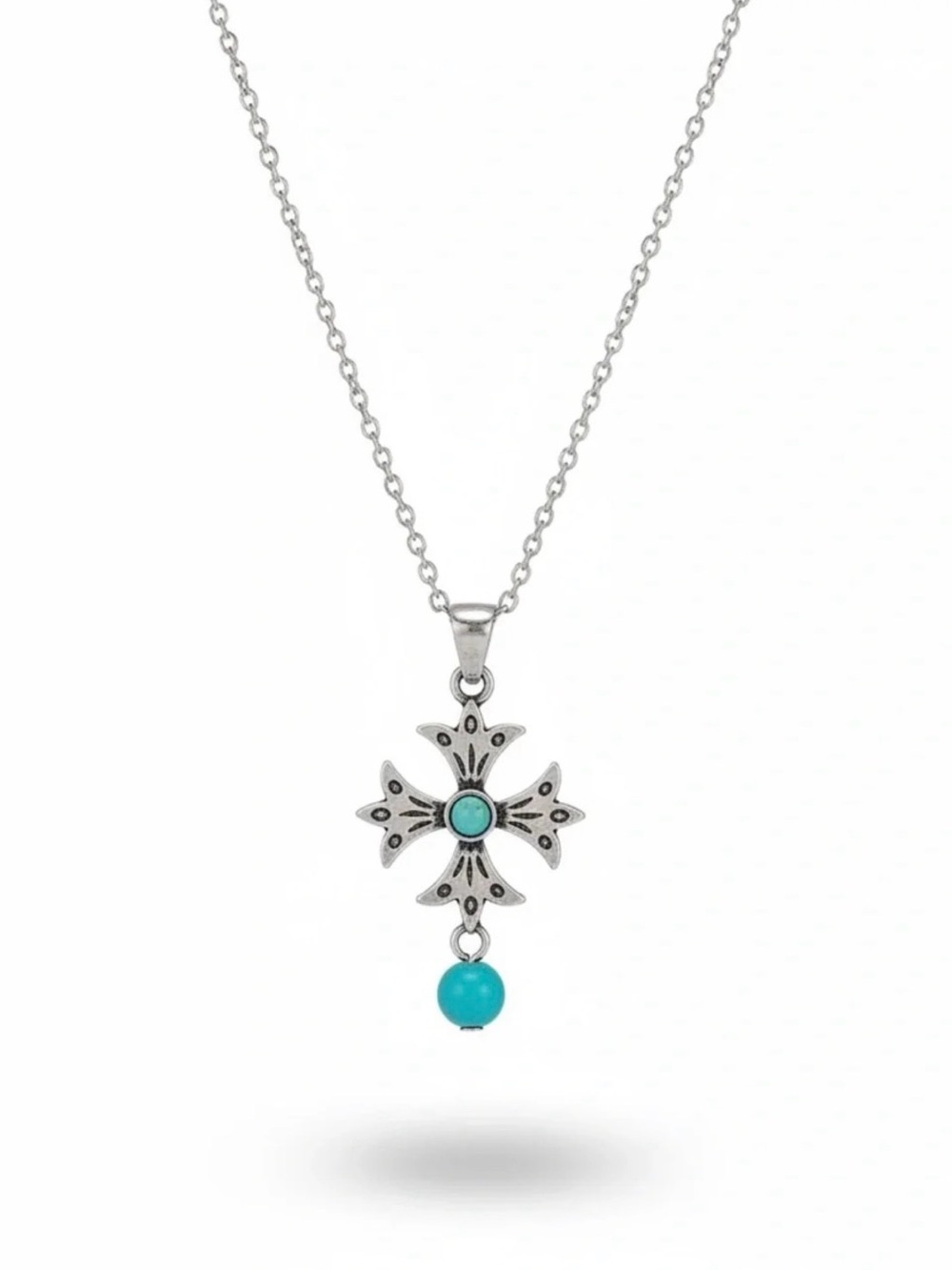 Justin Boots Western Silver Plated Turquoise Cross Pendant Necklace NWT